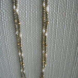 Long Continuous Strand Necklace, Pearl, Gold Tone